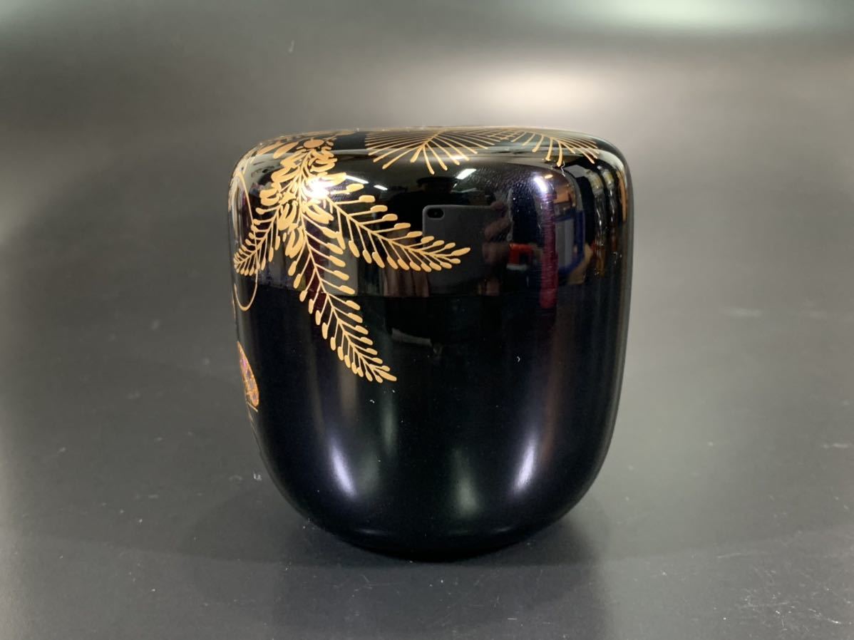 高級漆器 一后一兆作 輪島塗 「秋草 棗」 金彩蒔絵 螺鈿細工 茶道具 漆