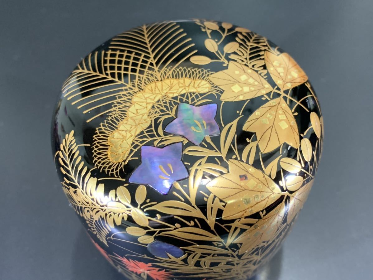 高級漆器 一后一兆作 輪島塗 「秋草 棗」 金彩蒔絵 螺鈿細工 茶道具 漆