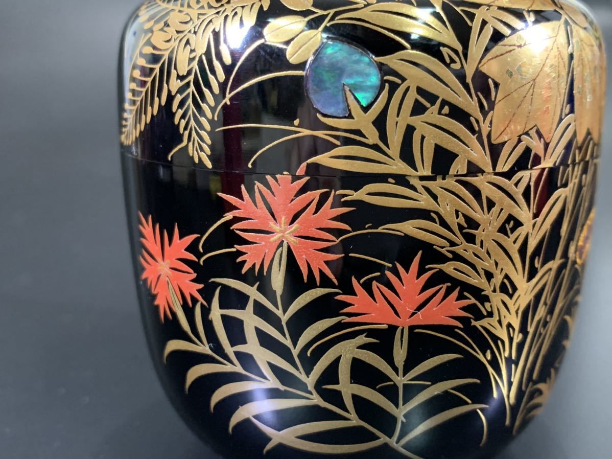 高級漆器 一后一兆作 輪島塗 「秋草 棗」 金彩蒔絵 螺鈿細工 茶道具 漆
