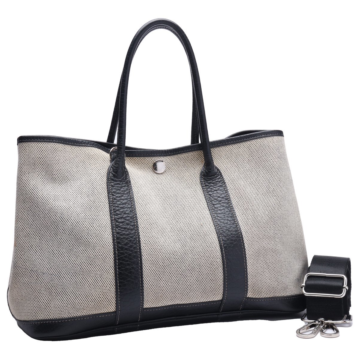 1円美品☆エルメス☆ガーデンパーティTPM　トワルオフィシェ　トートバック　グレー×黒　SＶ金具　□J刻印【HERMES】