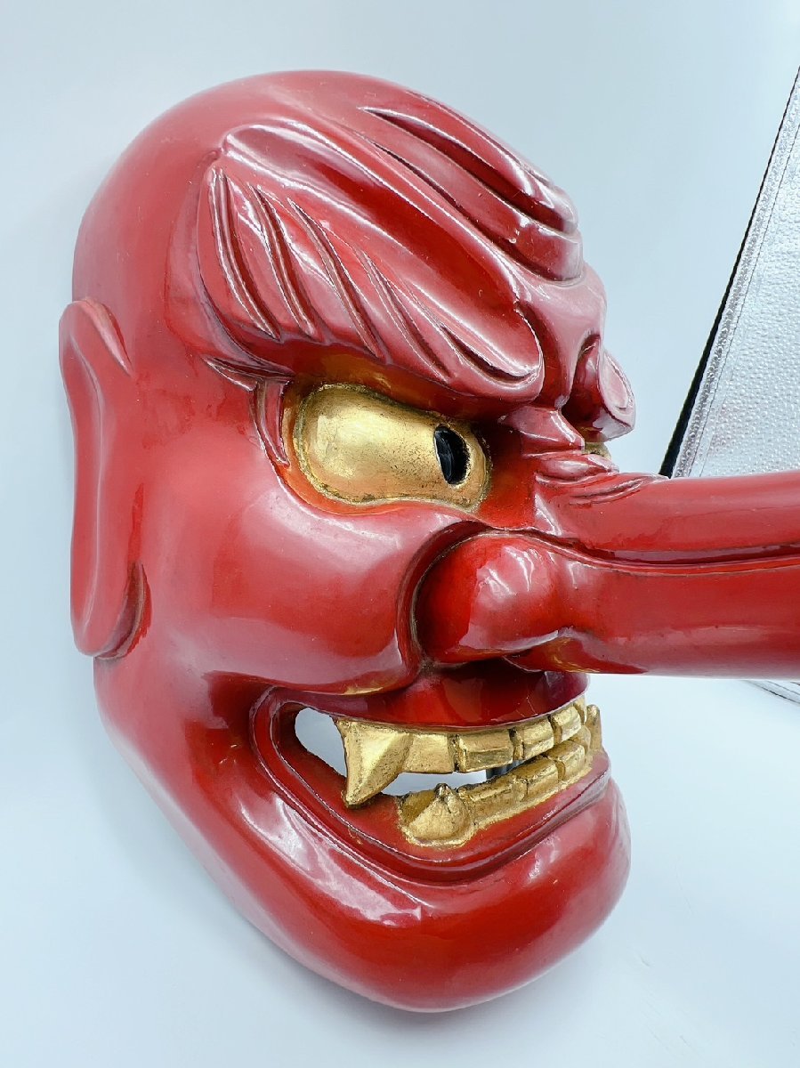 名家蔵出】 天狗 お面 木彫り 手彫り 塗り物 お面 壁掛け 工芸品 魔
