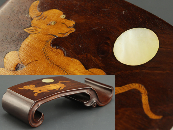 【琴》古美術品 唐木象嵌細工墨床 書道具 AJ167