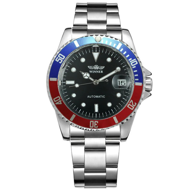 Winner社メンズ自動巻き腕時計ブルー×レッド ペプシ ステンレス オートマチック 日付(ロレックス サブマリーナ デイトではありません）_2