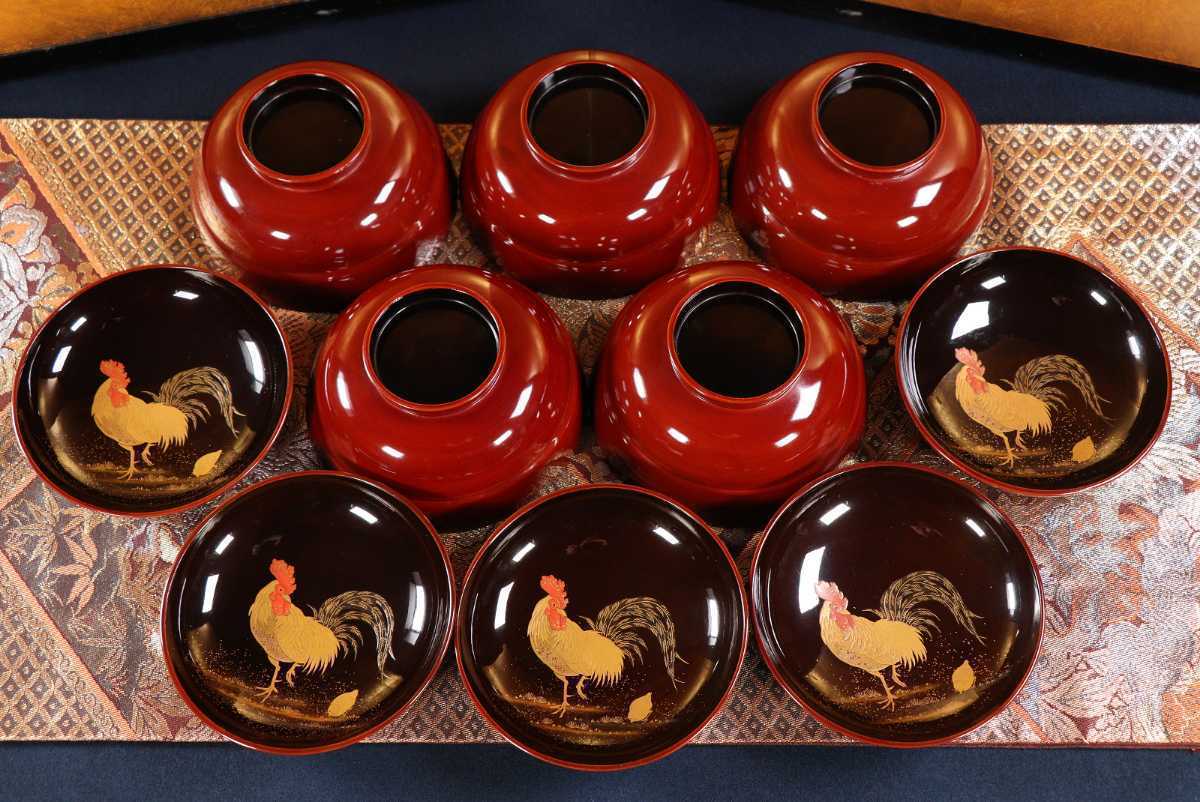 輪島塗 木製 : 金蒔絵 蓋付椀 漆器 - 沈金 波に鳥文 お煮物 CA56
