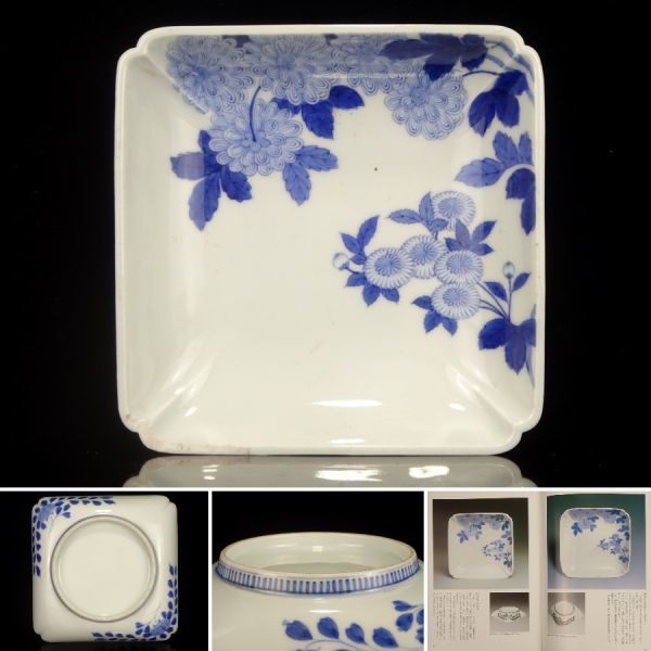 髭〕図録同手掲載 江戸時代 後期 鍋島藩窯 『 染付 菊絵 角皿 』 後期