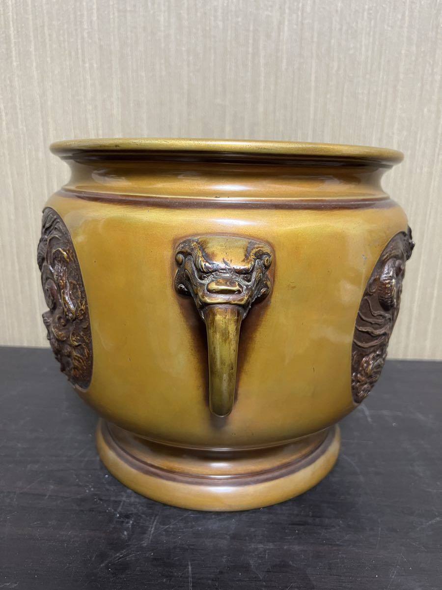 火鉢 唐 龍 宣徳 煎茶道具 獣耳 款 昌 昌龍造宣徳銅雲龍竹虎