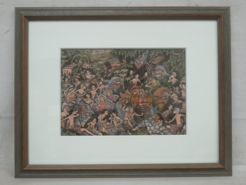 Valley waterfall 風景画  油彩画 額縁 肉筆 E3181 バリ絵画 祭風景 肉筆 細密画 P2変 額装 Valley waterfall 風景