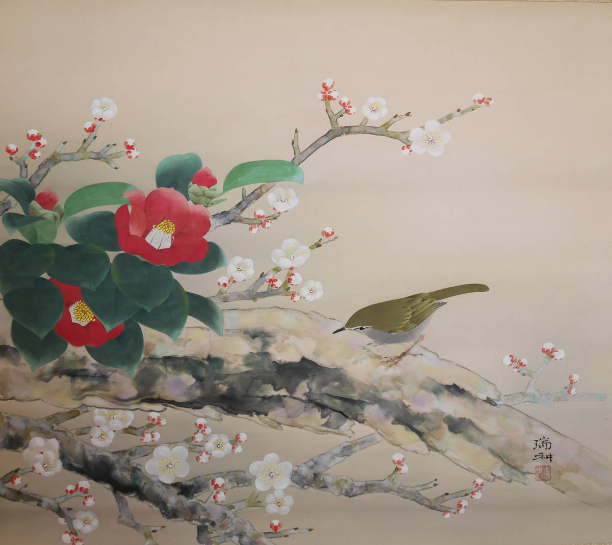 冬 春軸 椿梅に鶯 花鳥図 ウグイス 現代日本画家 田中瑞耕 真作 絹本