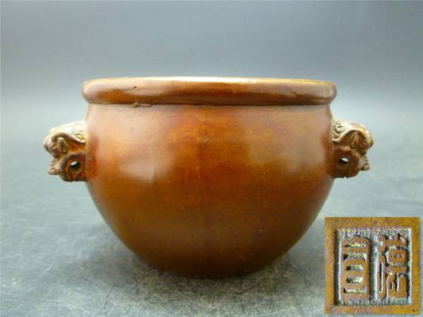 【禹】E076 銅細工 四獣耳 水がめ 宣徳 在銘