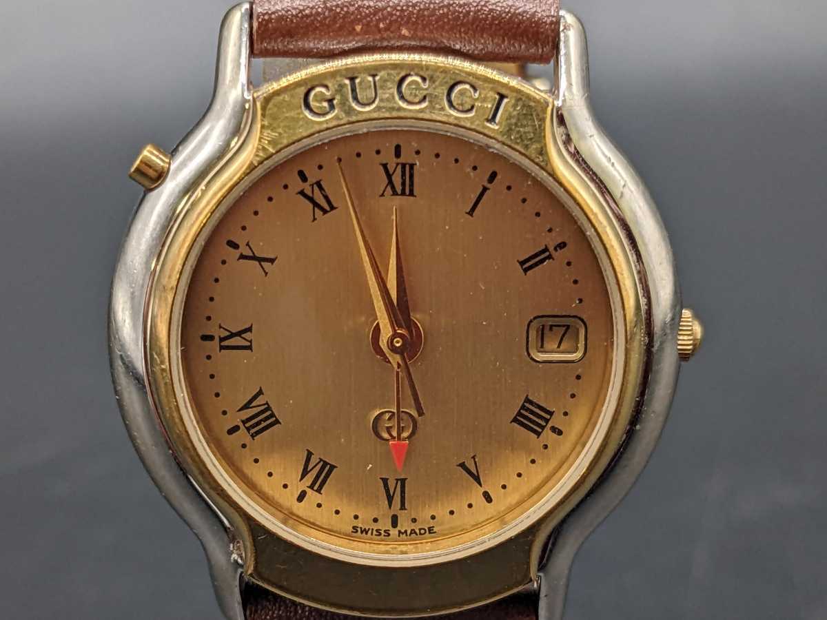 ③-0008 GUCCI グッチ 腕時計 8200M レザーベルト シャンパン文字盤 