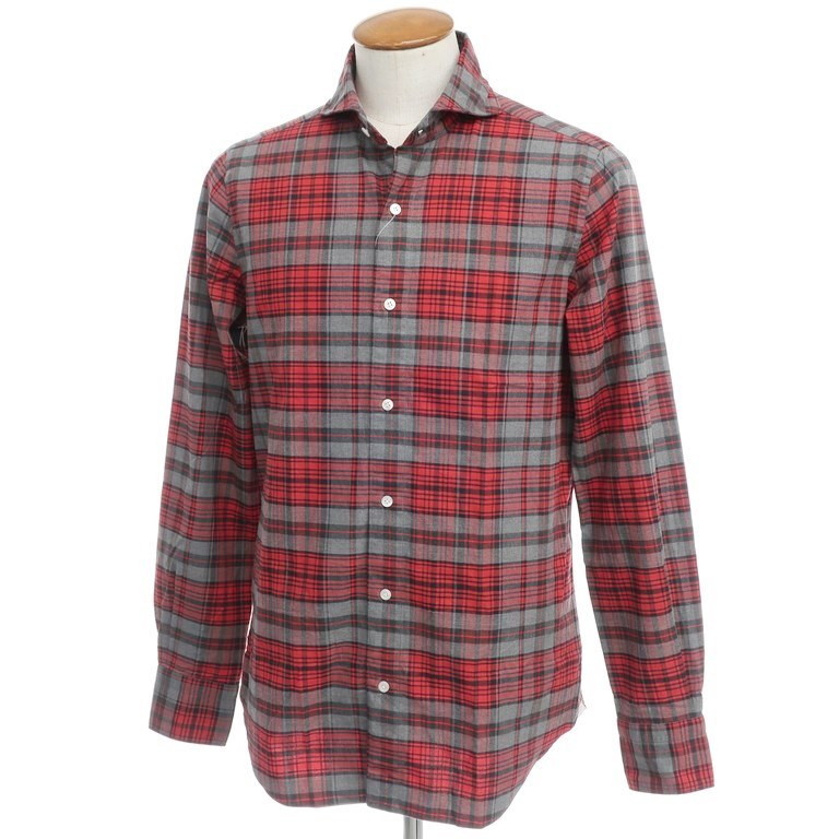 【中古】フィナモレ Finamore コットン チェック ホリゾンタルカラー シャツ レッドxグレー【サイズM】 [EPD]