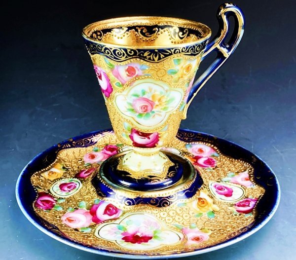 里帰り オールドニッポン 金彩 金盛 ハンドペイント 薔薇装飾紋 キャビネットカップ カップソーサー アンティーク　明治 コバルト