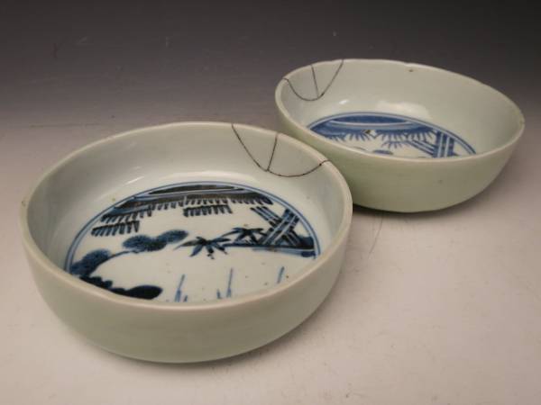古伊万里 青磁染付 松竹 ナマス皿 渦福 一対 江戸後期 6198hx