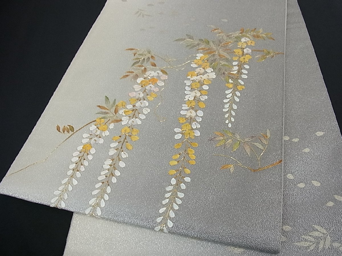 花美人着物□太鼓柄袋帯 刺繍 藤花房 金銀糸 銀通し地 逸品