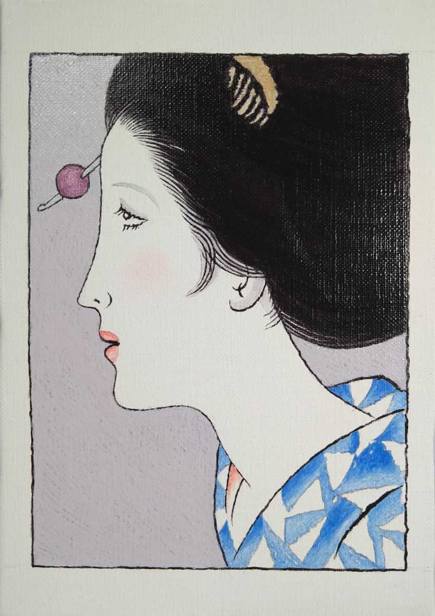 1『作者不詳 油彩画/大正ロマン【美人画】無銘/額装縦36㎝横30㎝』検)肉筆絵画竹久夢二洋画家木版画挿絵雑誌千代紙ポチ袋妹尾楽譜油絵