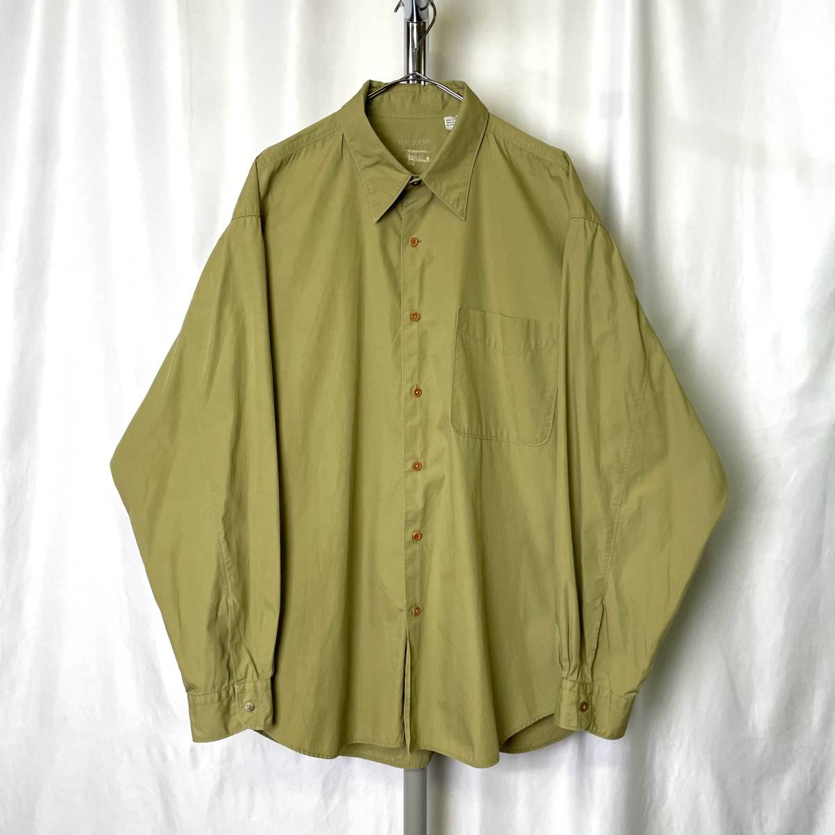 90s 香港製 BARRY BRICKEN デザイン ギャザー ワイド コットン シャツ XL ビッグサイズ カーキ 80s 00s 古着 オールド ビンテージ