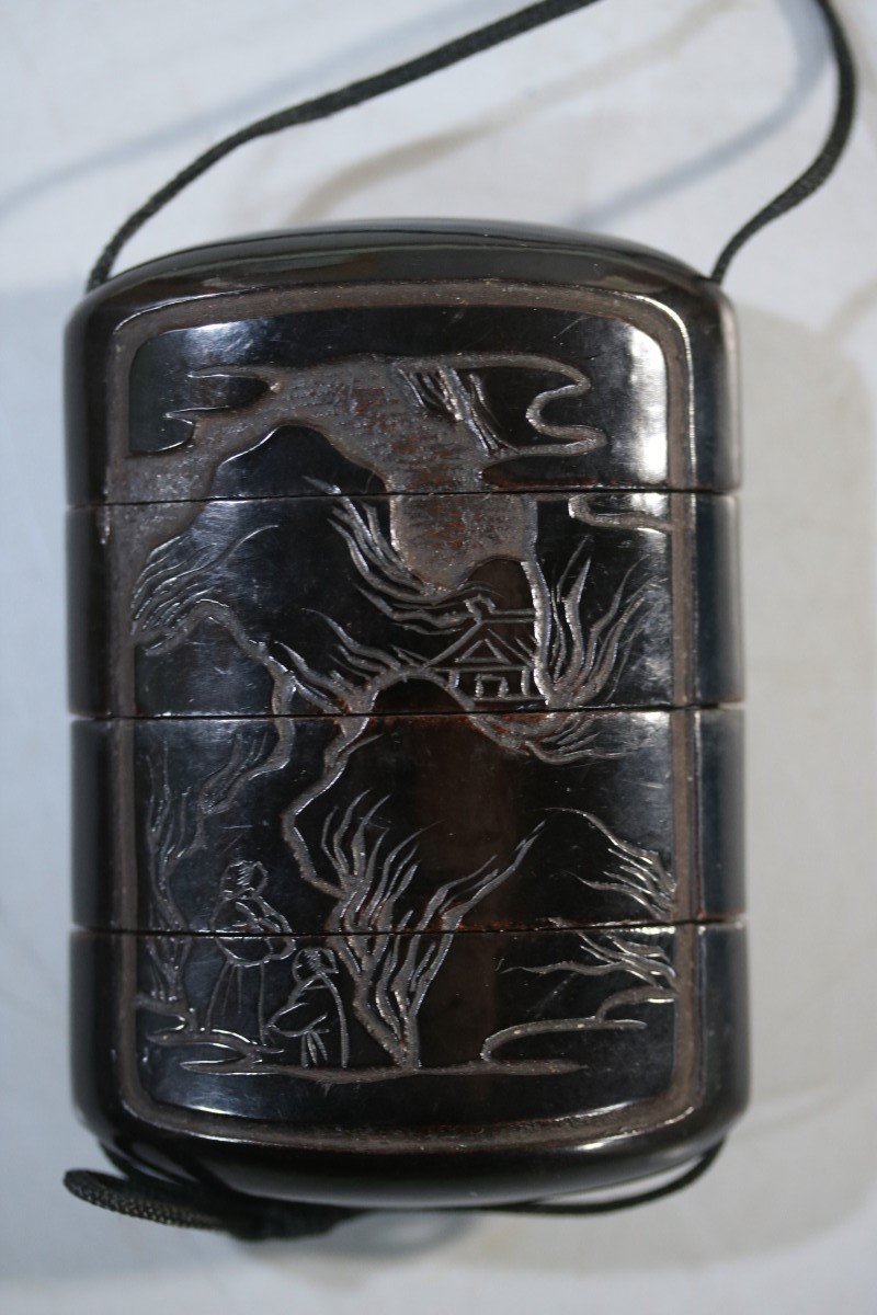 時代物 印籠 根付 蒔絵 三段 鯉 鼠 アンティーク 収納袋付 江戸-明治