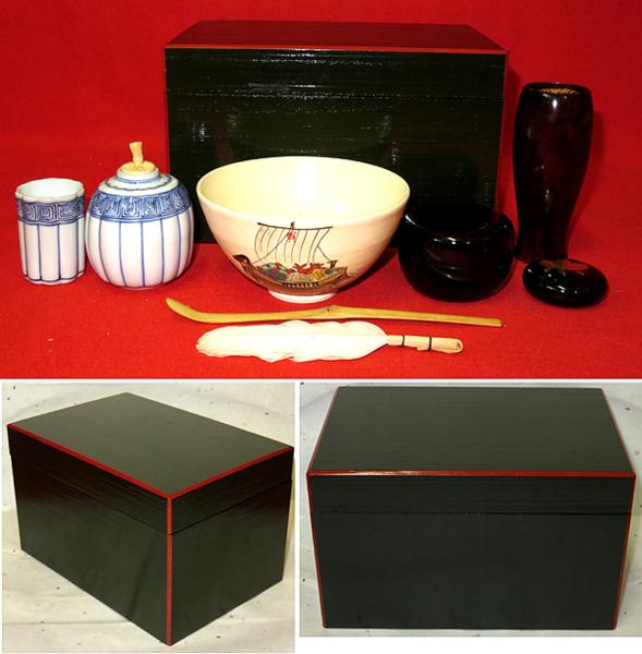 ◇[茶禅]茶道具 茶箱「木製青漆爪紅利休形茶箱一式」 茶道具、茶箱10点