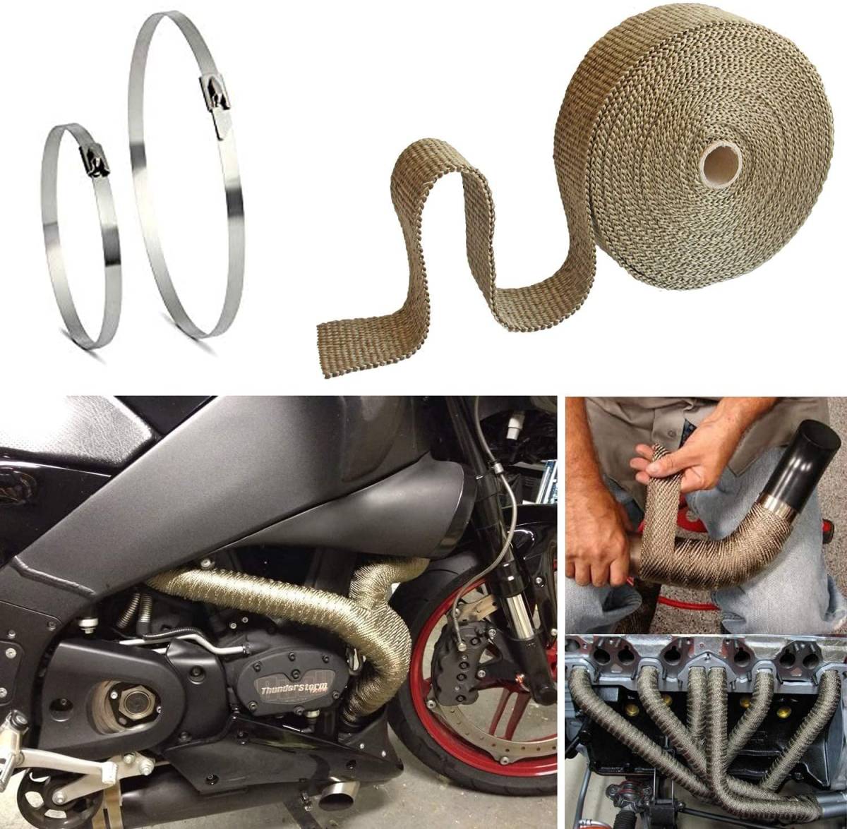 ゴールド色5CM*15M ZHUBANG 耐熱布自動車やバイクのマフラー玄武岩繊維製耐熱1600℃サーモバンテージ 幅5CM*_6