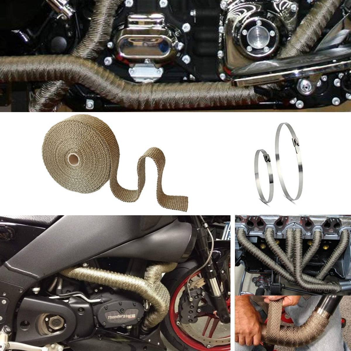 ゴールド色5CM*15M ZHUBANG 耐熱布自動車やバイクのマフラー玄武岩繊維製耐熱1600℃サーモバンテージ 幅5CM*_7