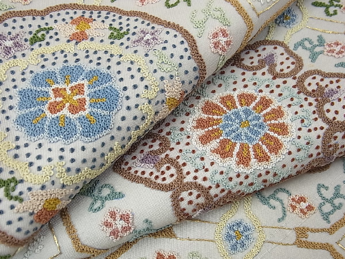 平和屋着物□極上 太鼓柄袋帯 総相良刺繍 蜀江花文 金糸 逸品