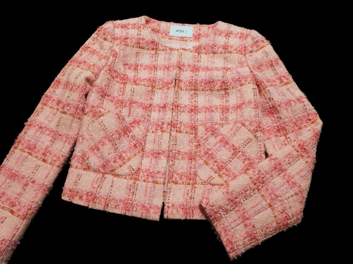 ☆美品☆MISS Jミスジェイ/チェック柄ツイード長袖ジャケット：38/ピンク系nh680