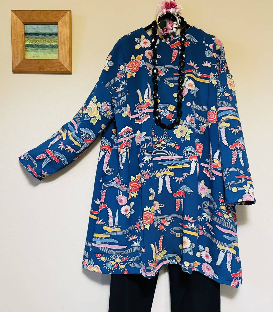 ☆handmade着物リメイク：鮮やか青系花柄ちりめん小紋からゆる 