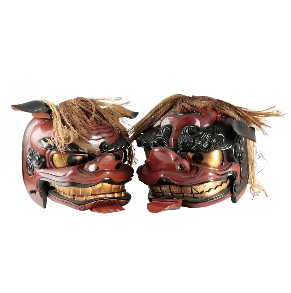 ◆獅子頭【雄】獅子舞 木彫 朱塗 （耳除く寸法:高さ28×幅30×奥行24cm） ◇獅子頭雄獅子舞 木彫 朱塗 （耳除く寸法:高さ28×幅30×奥行24cm