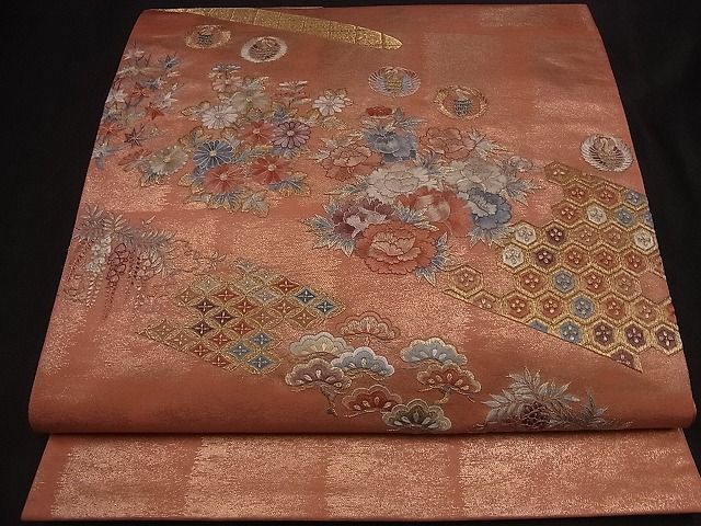 PD133 太鼓柄 刺繡 花籠文様 袋帯 金糸 逸品 着物屋こころ□太鼓柄袋帯 刺繍 吉祥花鳥文 金糸 引箔 三越扱い 正絹