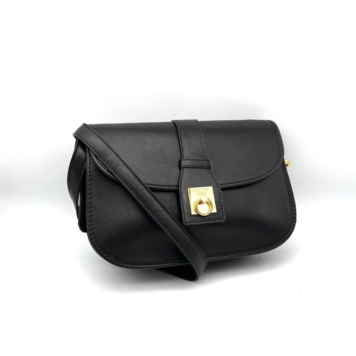 【美品】CELINE セリーヌ カーフ レザー ロゴ ゴールド 金具 ショルダー バッグ D124357