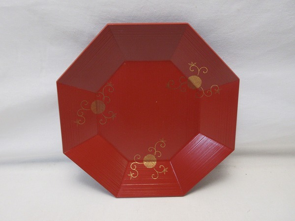 お得，2026 H11341 【 美品 茶道具 木製朱塗 金彩蒔絵 八角盆 干菓子器