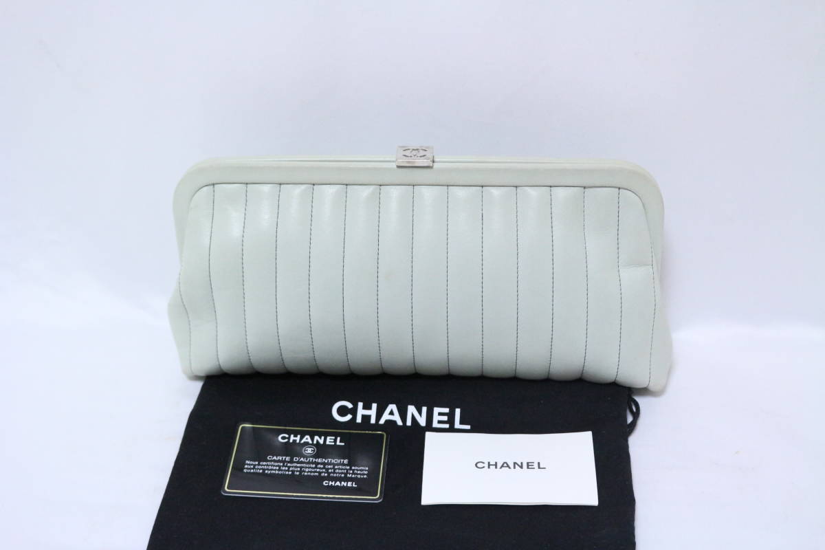4L2514【本物保証】シャネル クラッチバッグ ポーチ マドモアゼル ラムスキン レザー グレー グリーン ココマーク シルバー CHANEL