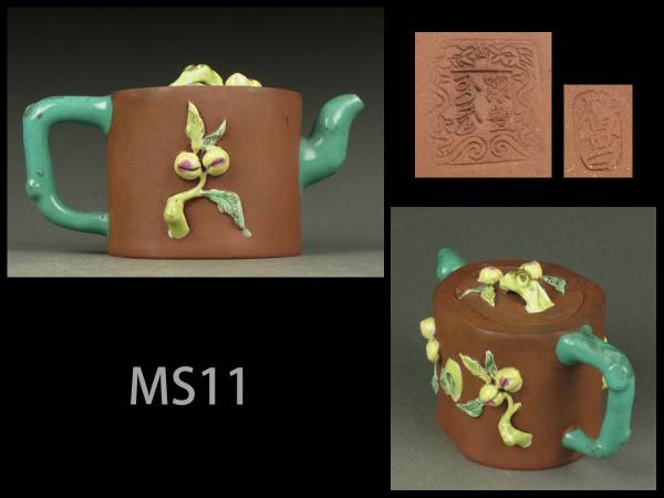 ☆時代煎茶道具 在銘 琺瑯彩桃文朱泥急須/中国宜興紫砂茶壺/MS11