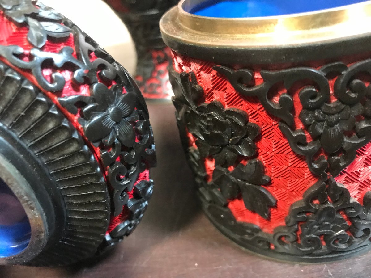 ☆中古☆ 中国古玩 堆朱 椎黒 花瓶 灰皿 蓋物 龍花彫刻 一式揃 堆朱 売切り屋銅板彫刻 |