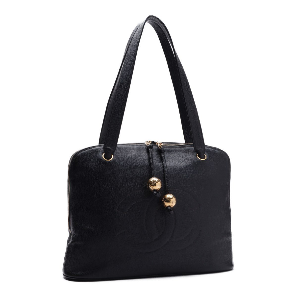 1円美品☆シャネル☆キャビアスキン　ココマーク　35cm　ボールチャーム付　ショルダー　黒　Ｇ金具【CHANEL】