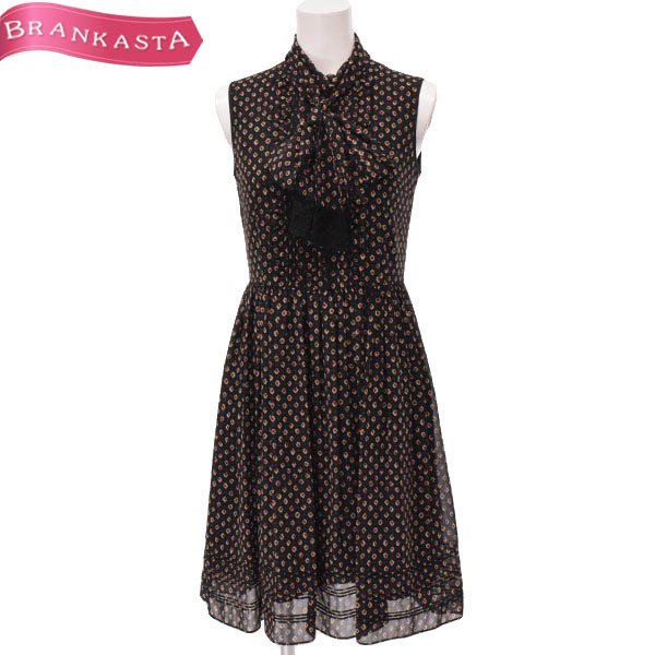 Lois CRAYON/ロイスクレヨン ミディ丈 ワンピース 総柄 ドット風 プリント ボウタイ M 黒 ワイン系 ベージュ [大感謝祭]★41HI43