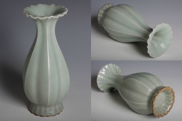 NK25231 中国陶器 青磁花弁口瓶 花瓶 花入 六方瓶 茶道具 華道具 検:青瓷 青瓷 龍泉窯 官窯 中国 古玩 唐物