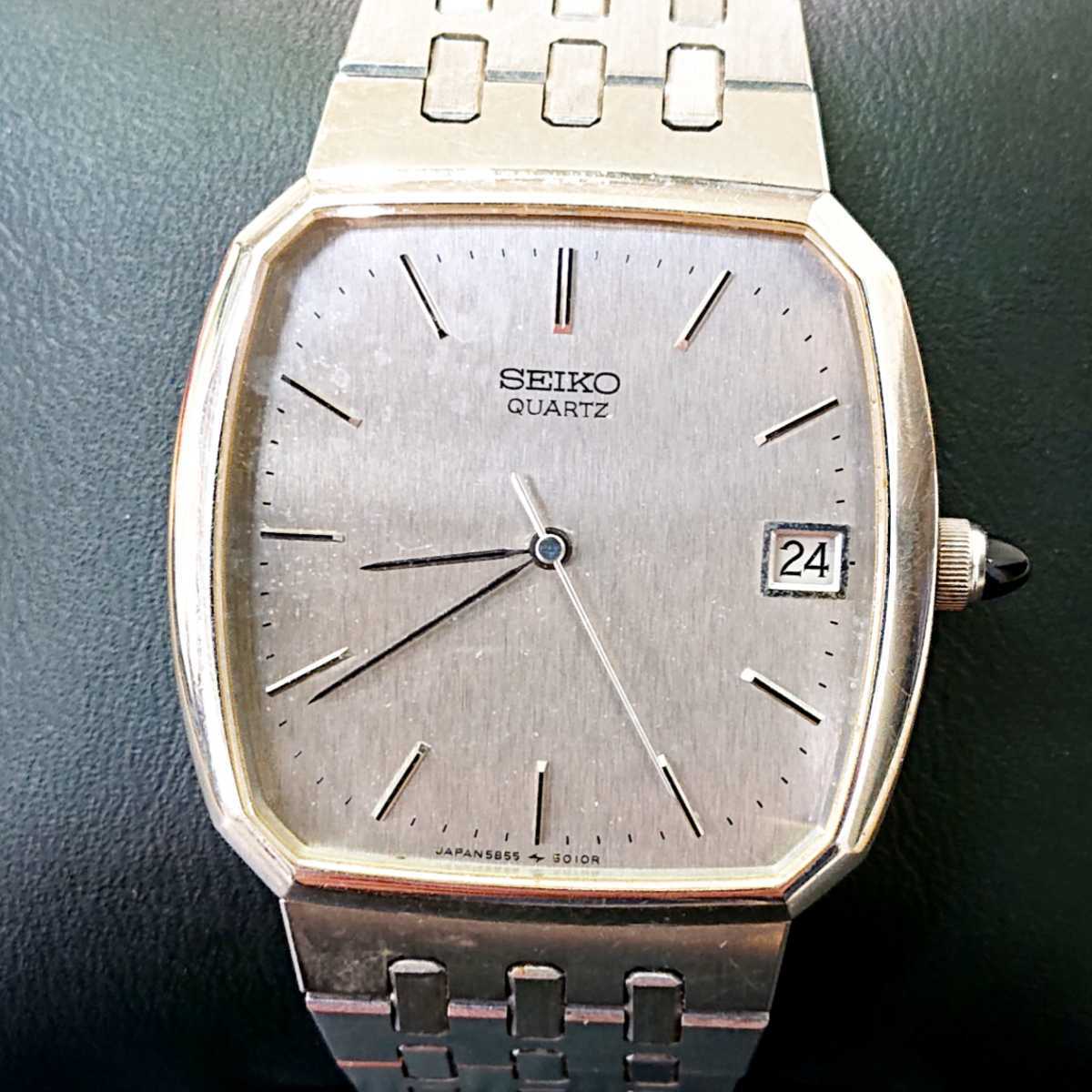 『SEIKO セイコー クォーツ SS デイト 5855-5010』 ビンテージ メンズ腕時計 スクエア シルバー文字盤 売り切り