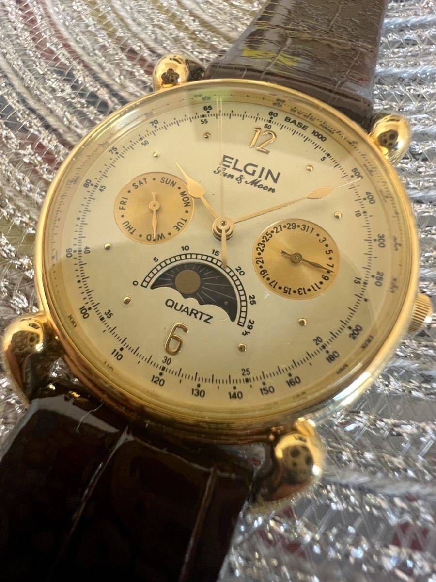 1円〜 希少 ELGIN エルジン 金目玉 ゴールドケース トリプルカレンダー
