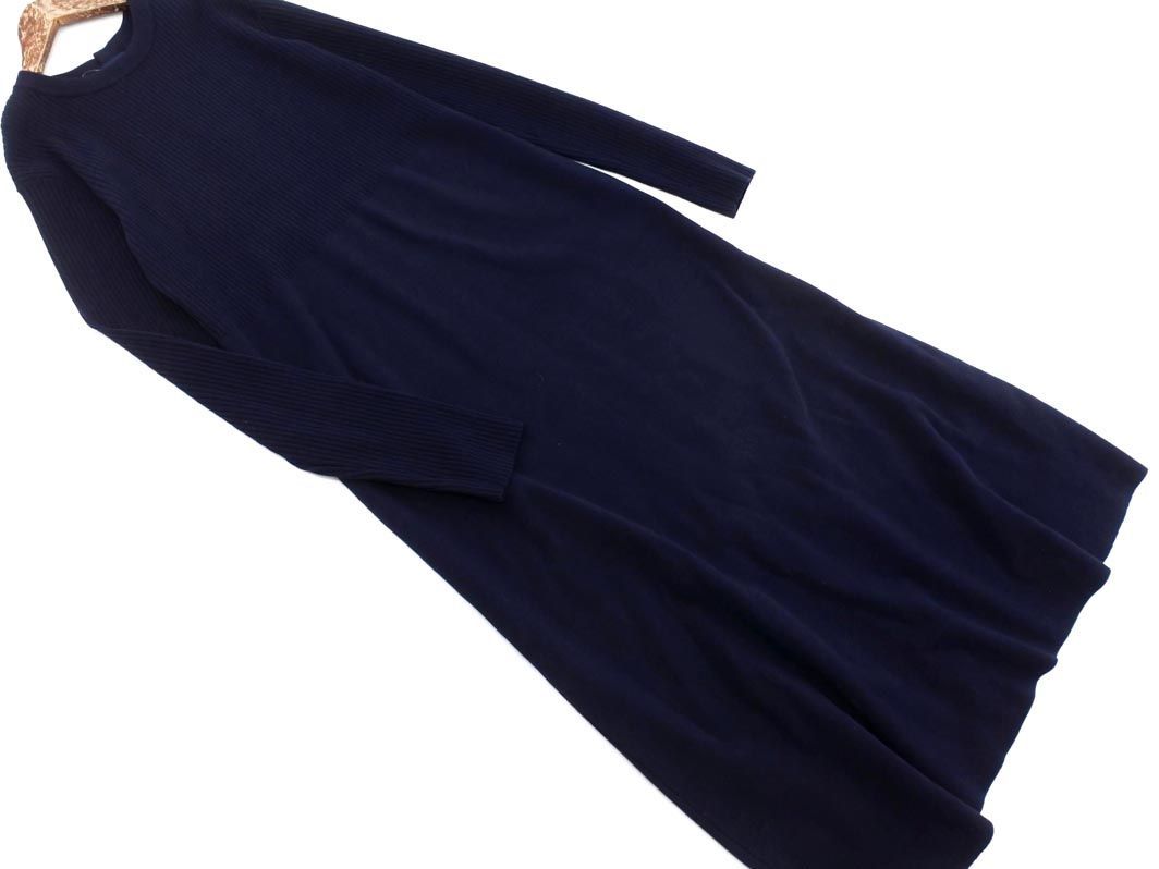 美品 SHIPS シップス シルク混 バックボタン ロング ニット ワンピース 紺 ◇■ ☆ daa4 レディース