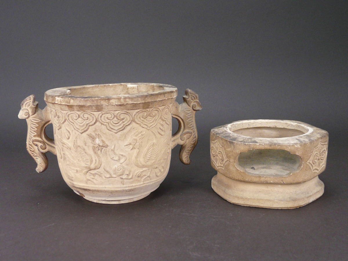 預３、時代品名作 唐物古玩 “〇古？”在印 白泥双耳鳥獣文 煎茶涼炉 箱有◎中國 宜興 中国美術 孟臣 ボーフラ 清明時代 木米寶山道八竹泉 古伊万里 染付 置物