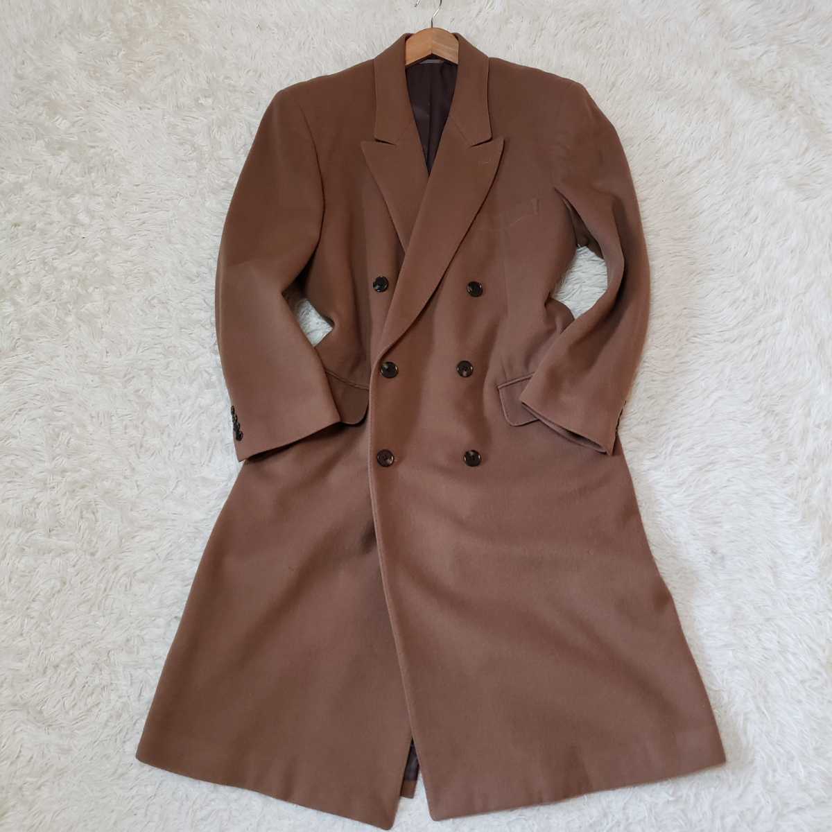 美品】マキシ丈 ブラック ロングコート カシミヤ混ウール チェスター 
