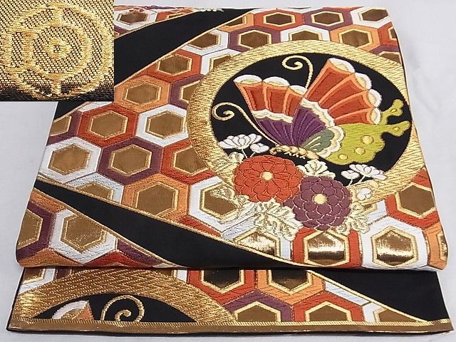 着物屋こころ■極上　 西陣　河合美術織物謹製　六通柄袋帯　唐織　花蝶丸文　黒地　金糸　正絹　逸品　A-sx4151