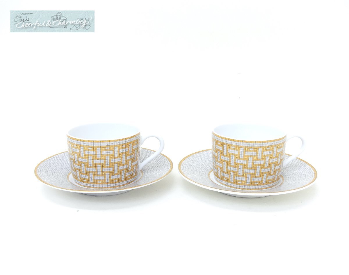 HERMES モザイク24 ティーカップ＆ソーサー ゴールド ペア 陶磁器 食器 テーブルウェア