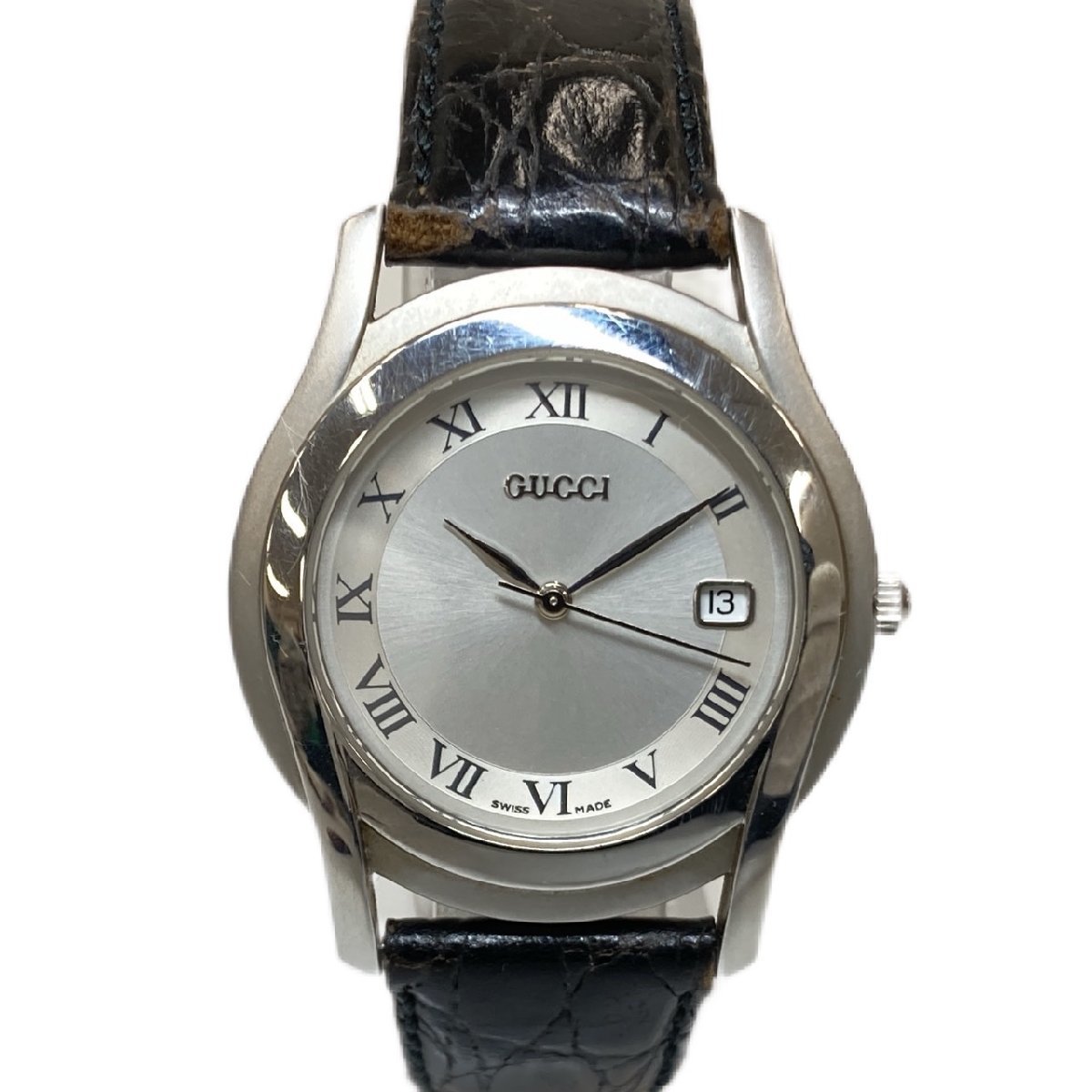1円スタート GUCCI グッチ メンズ 腕時計 5500M デイト シルバー文字盤 