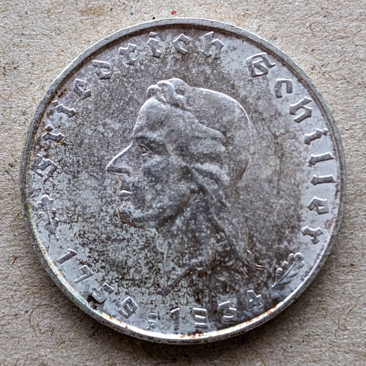 1934年 ドイツ 第三帝国 シラー生誕175周年記念 2ライヒスマルク 銀貨 VF