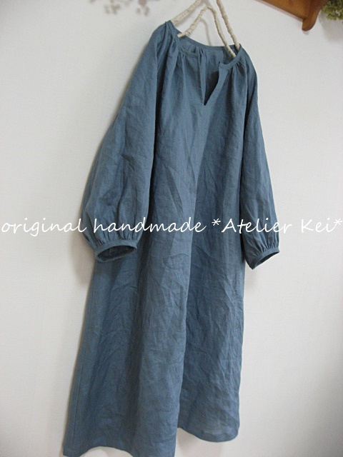 ★ハンドメイド★スモーキーブルーリネン　スッキパーギャザーワンピース