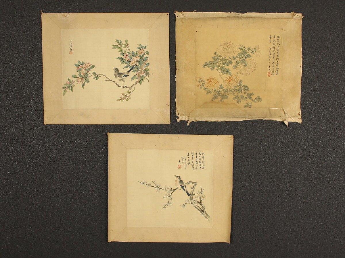 【模写】【1円開始】【伝来】us8709〈陳次石〉マクリ3枚組 花鳥図 倣：惲寿平 中国画 南田