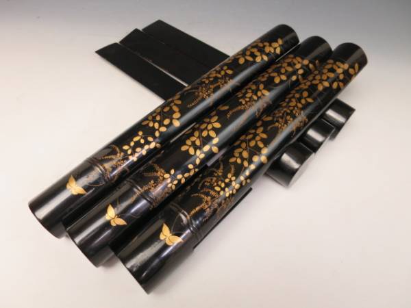 時代 金蒔絵 花鳥 木製 屏風押さえ 6本 古民具 6202t