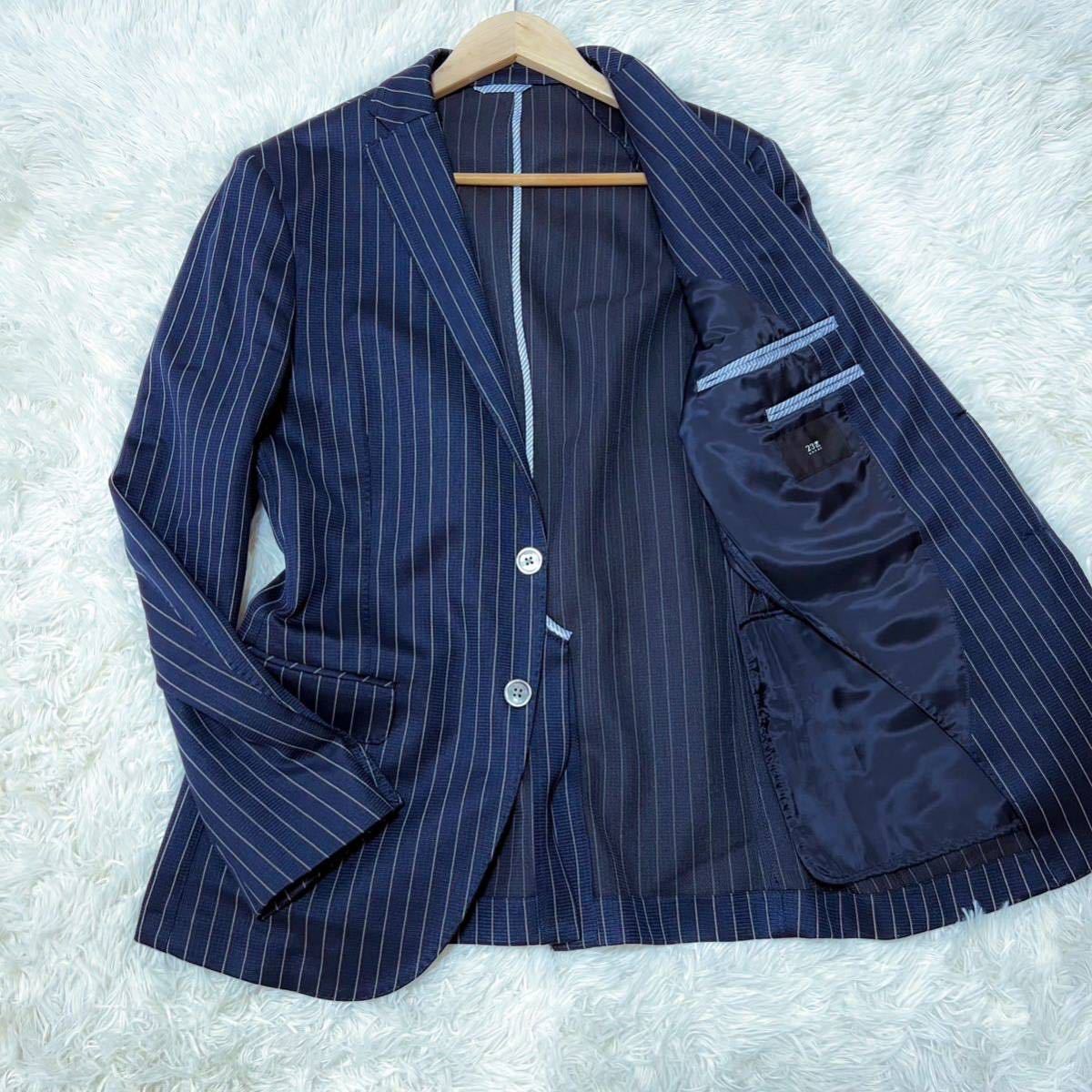 【美品】23区HOMME テーラードジャケット ストライプ 春夏 ネイビー サイズ48 L位 至極 